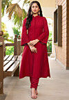 Embroidered Art Silk A Line Kurta Set in Maroon