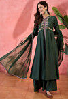 Embroidered Art Silk A Line Suit in Dark Green