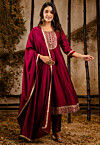 Embroidered Art Silk A Line Suit in Fuchsia