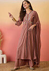 Embroidered Art Silk A Line Suit in Old Rose