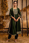 Embroidered Art Silk A Line Suit in Olive Green