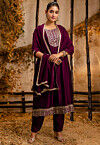 Embroidered Art Silk A Line Suit in Purple
