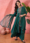 Embroidered Art Silk A Line Suit in Teal Green