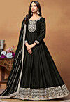 Embroidered Art Silk Abaya Style Suit in Black