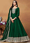 Embroidered Art Silk Abaya Style Suit in Dark Green