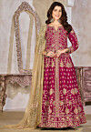 Embroidered Art Silk Abaya Style Suit in Fuchsia