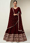 Embroidered Art Silk Abaya Style Suit in Maroon
