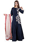 Embroidered Art Silk Abaya Style Suit in Navy Blue