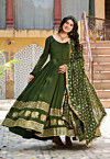 Embroidered Art Silk Abaya Style Suit in Olive Green
