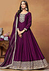 Embroidered Art Silk Abaya Style Suit in Purple