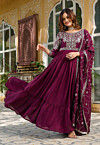 Embroidered Art Silk Abaya Style Suit in Purple