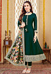 Embroidered Art Silk Anarkali Suit in Dark Green