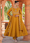 Embroidered Art Silk Anarkali Suit in Mustard