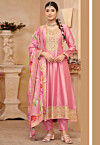 Embroidered Art Silk Anarkali Suit in Pink