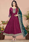 Women Designer Wine Art Silk Embroidery Anarkali Suit