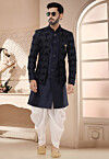 Embroidered Art Silk and Velvet Layered Sherwani in Navy Blue