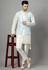 Embroidered Art Silk Asymmetric Kurta Set in Off White and Light Blue