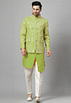 Embroidered Art Silk Asymmetric Kurta Set in Light Olive Green