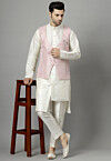 Embroidered Art Silk Asymmetric Kurta Set in Off White and Pink