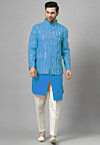 Embroidered Art Silk Asymmetric Kurta Set in Sky Blue