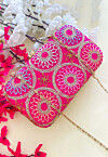 Embroidered Art Silk Clutch Bag in Fuchsia