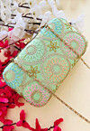 Embroidered Art Silk Clutch Bag in Green