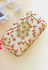 Embroidered Art Silk Clutch Bag in Off White