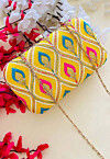 Embroidered Art Silk Clutch Bag in Yellow
