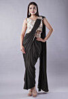 Embroidered Art Silk Crop Top Set in Black