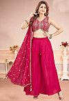 Embroidered Art Silk Crop Top Set in Fuchsia