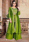 Embroidered Art Silk Crop Top Set in Light Green