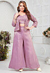 Embroidered Art Silk Crop Top Set in Purple