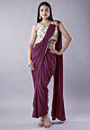 Embroidered Art Silk Crop Top Set in Wine