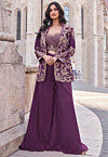 Embroidered Art Silk Crop Top Set with Jacket in Purple