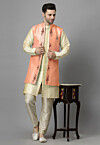 Embroidered Art Silk Sherwani in Light Beige and Peach