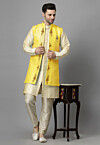 Embroidered Art Silk Sherwani in Light Beige and Yellow