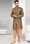 Embroidered  Art Silk Jacquard Dhoti Kurta in Dark Olive Green