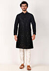 Embroidered Art Silk Jacquard Kurta Set in Black