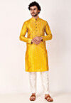 Embroidered Art Silk Jacquard Kurta Set in Mustard