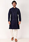 Embroidered Art Silk Jacquard Kurta Set in Navy Blue