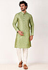 Embroidered Art Silk Jacquard Kurta Set in Pastel Green