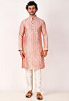 Embroidered Art Silk Jacquard Kurta Set in Peach