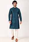 Embroidered Art Silk Jacquard Kurta Set in Teal Blue