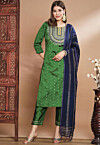 Embroidered Art Silk Jacquard Pakistani Suit in Olive Green