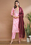Embroidered Art Silk Jacquard Pakistani Suit in Pink