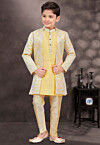 Embroidered Art Silk Kurta Set in Yellow and Cream