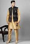 Embroidered Art Silk Kurta Set in Golden and Black
