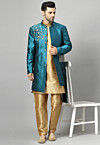 Embroidered Art Silk Sherwani in Teal Blue and Golden