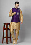 Embroidered Art Silk Kurta Set in Beige and Violet
