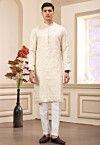 Embroidered Art Silk Kurta Set in Beige